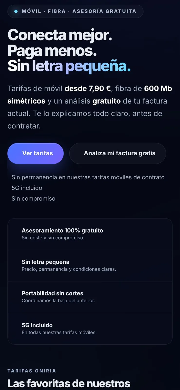 La web de Oniria en el móvil