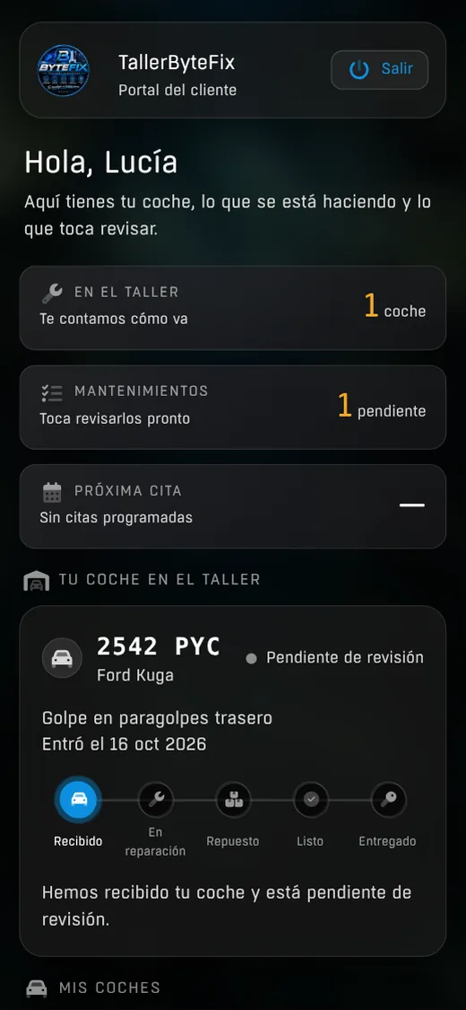 Portal del cliente en el móvil con el estado de su coche en el taller